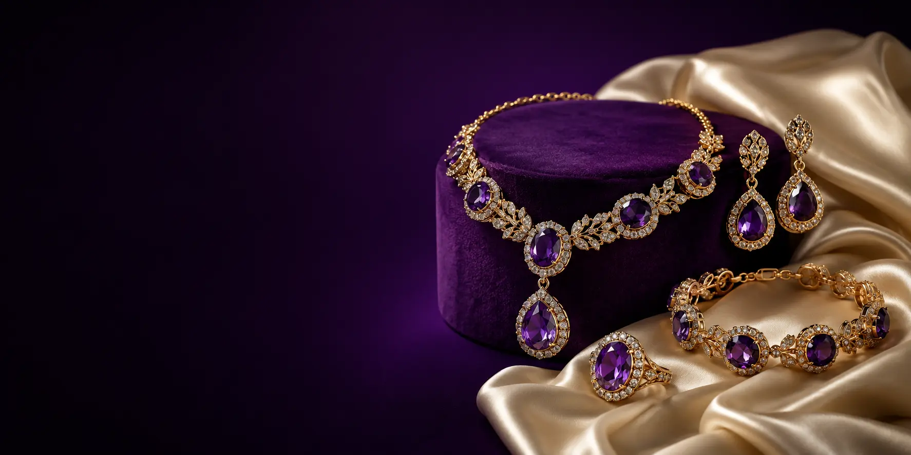 Fine gold jewellery on purple velvet