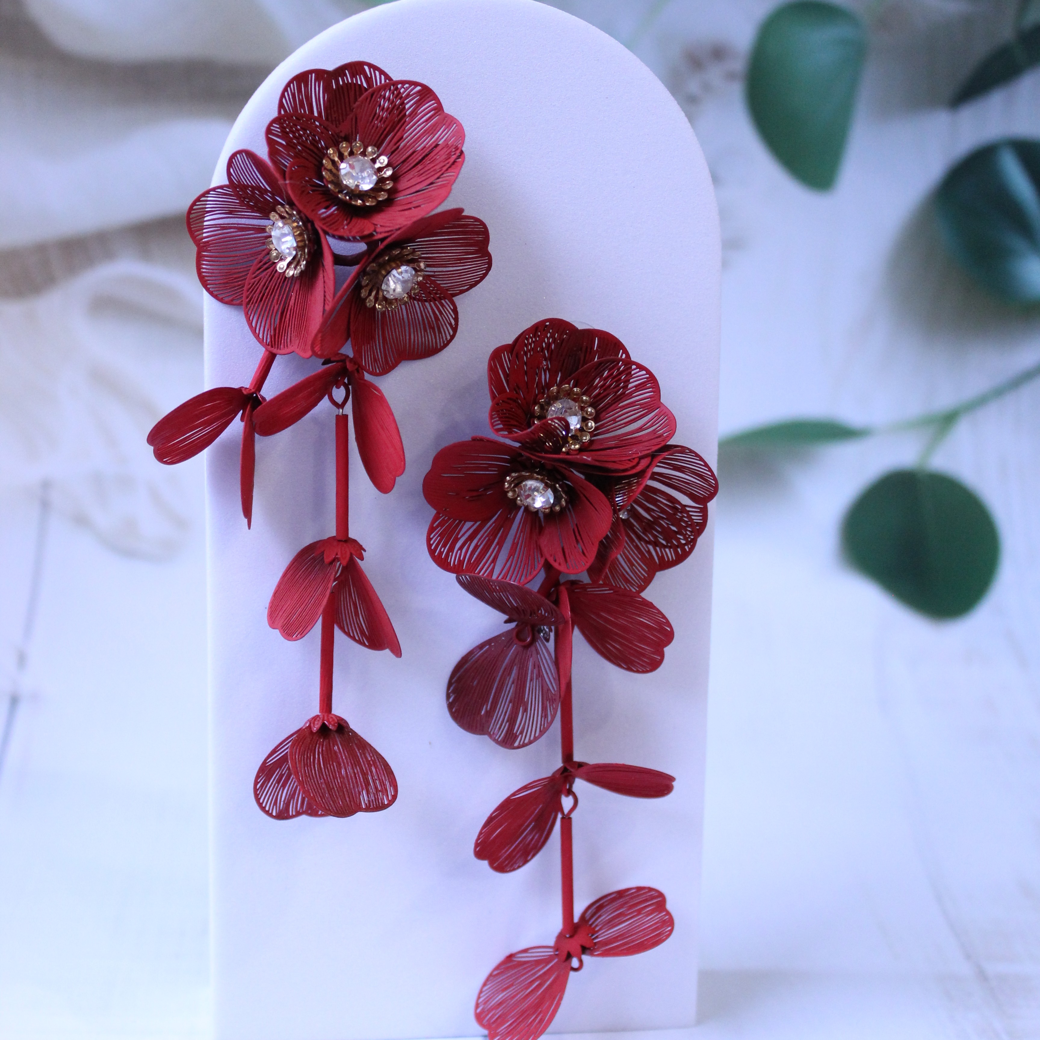 Red flower fabric earrings