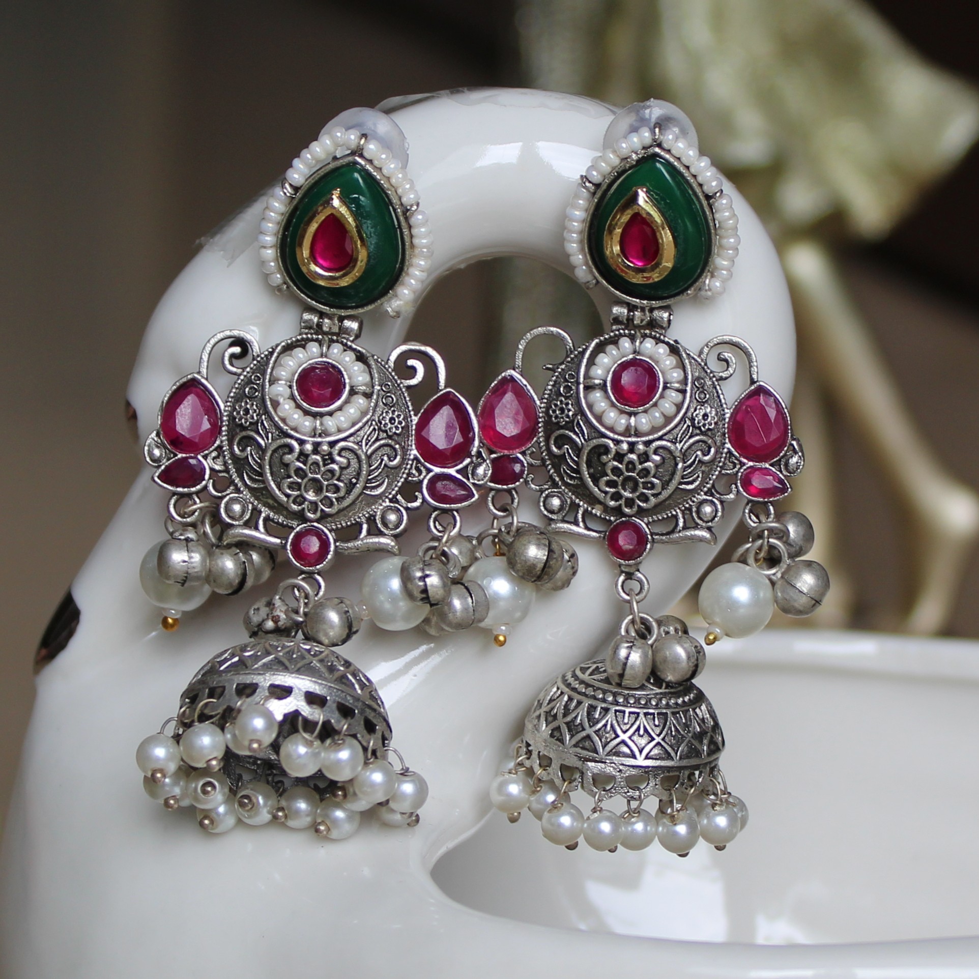 silver plated oxidised long earrings